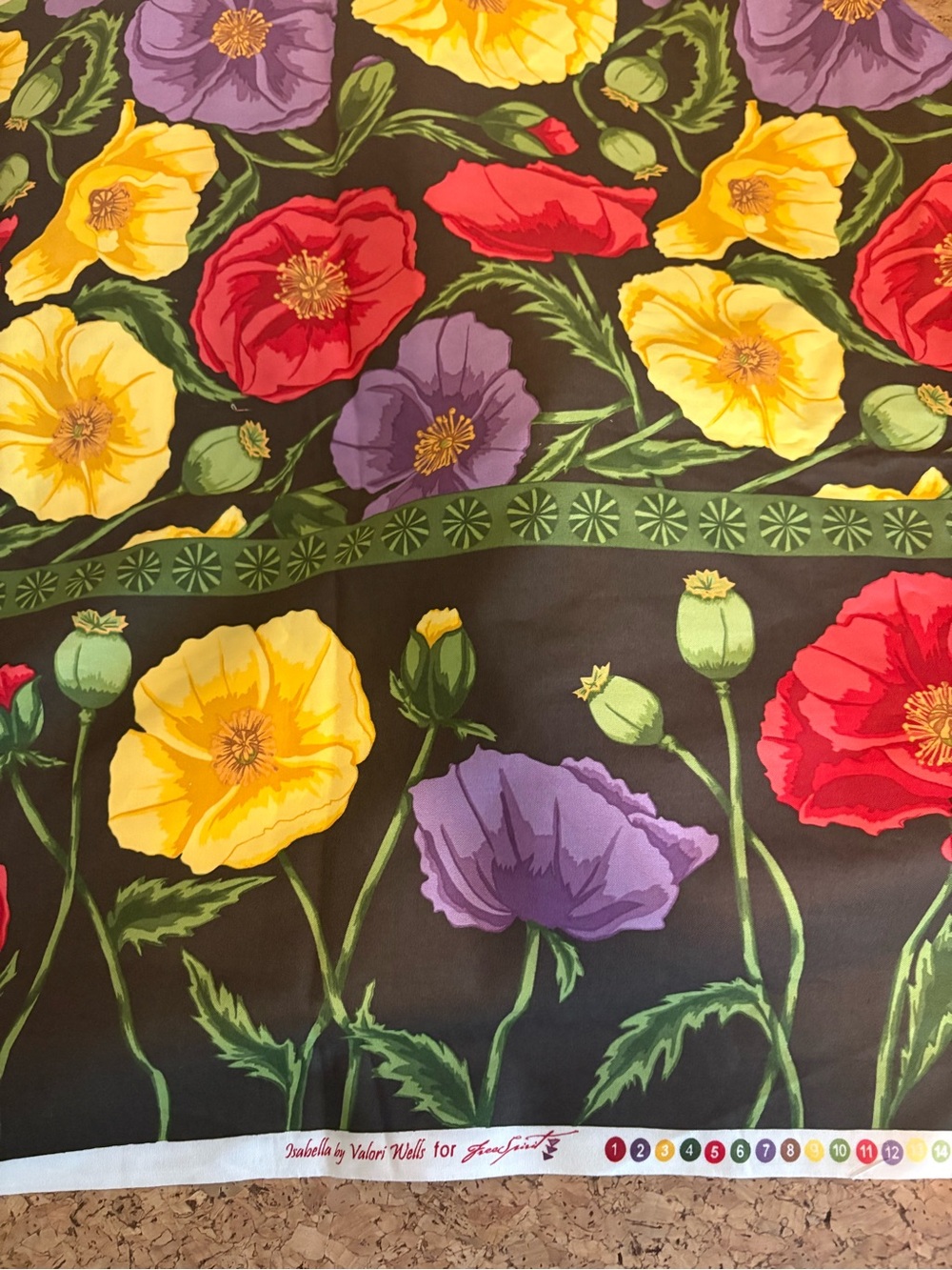 Floral Poppy Print Fabric Panel in Yellow, Red & Purple 1 yard